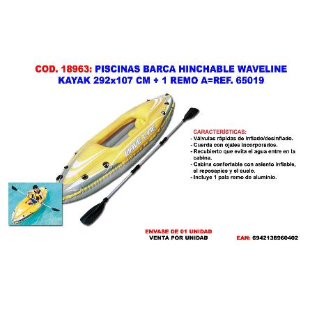 PISCINAS BARCA HINCHABLE WAVELINE KAYAK 292X107CM+1 REMO A 65019