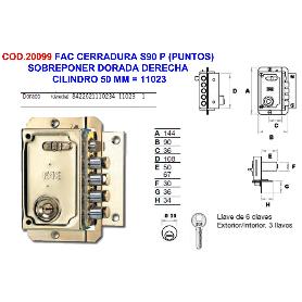 FAC CERRADURA S90 P SOBREPONER DORADA DCHA. CILINDRO 50 MM 11023