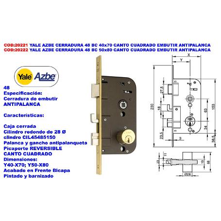 YALE AZBE CERRADURA     48 BC 50X80 C-CUADRA.EMBUTIR ANTIPALANCA