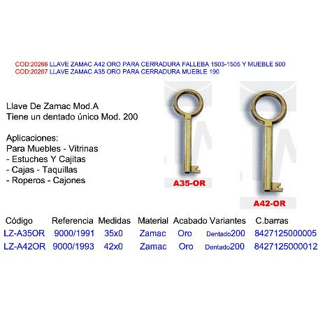 LLAVE ZAMAC A35 ORO PARA CERRADURA MUEBLE 190