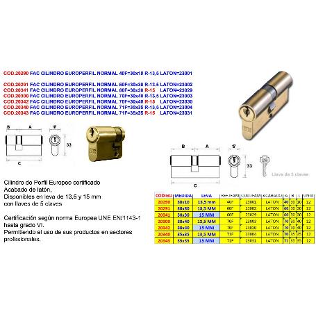 FAC CILINDRO EUROPERFIL NORMAL 60F 30X30 R-13,5 LATON 23002