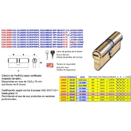 FAC CILINDRO EUROPERFIL SEGURIDAD 80P 30X50 R-15    LATON 23040