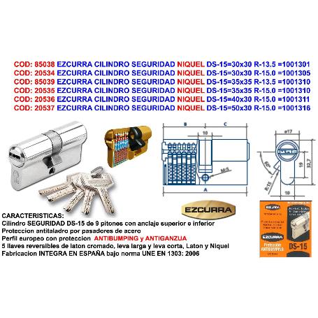 EZCURRA CILINDRO SEGURIDAD NIQUEL DS-15 35X35 R-15 ANTIBUMPING