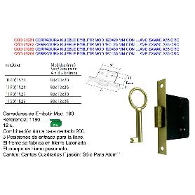 CERRADURA MUEBLE EMBUTIR MOD 190 20 MM CON LLAVE ZAMAC A35 ORO