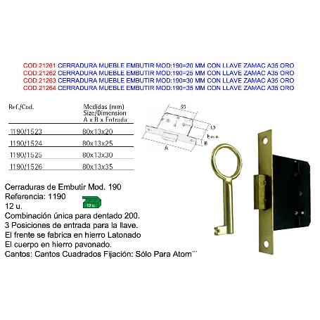 CERRADURA MUEBLE EMBUTIR MOD 190 20 MM CON LLAVE ZAMAC A35 ORO