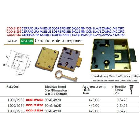 CERRADURA MUEBLE SOBREPONER 500-25 MM+LLAVE ZAMAC A42 ORO