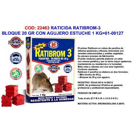 RATICIDA RATIBROM-3 BLOQUE 20 GR+AGUJERO ESTUCHE 1 KG D01.328