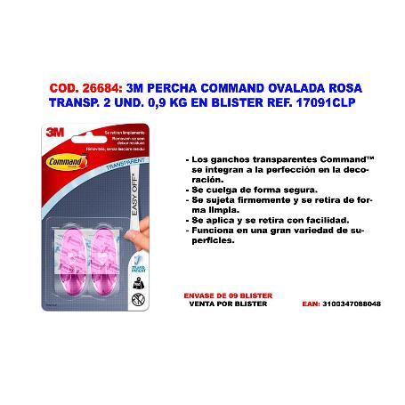 3M PERCHA COMMAND OVALADA  ROSA TRANSP. 2 UND. 0,9 KG 17091CLP