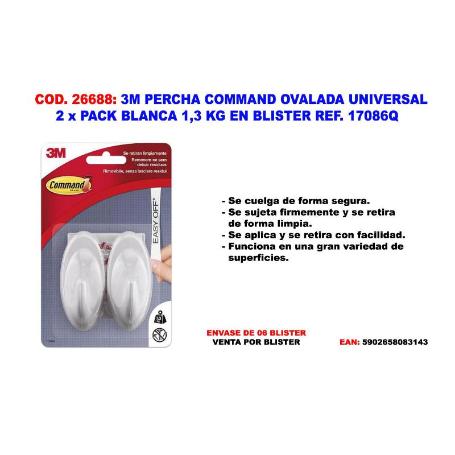 3M PERCHA COMMAND OVAL  UNIVERSAL BLAN 2 GANCHOS  1.3 KG 17086Q