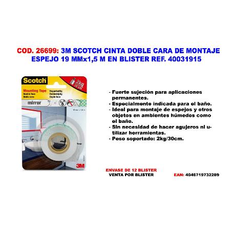 3M SCOTCH CINTA DOBLE CARA DE MONTAJE ESPEJO 1.5MX19MM 4496W