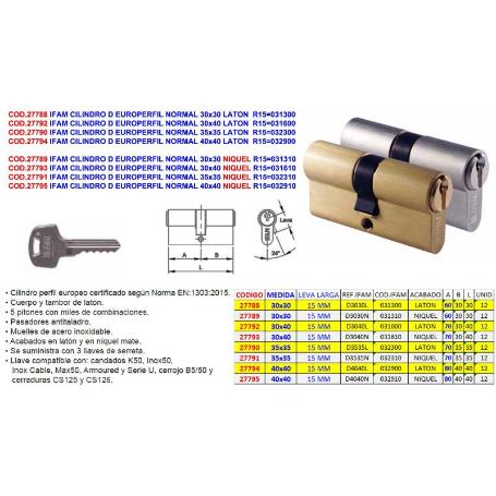 IFAM CILINDRO D EUROPERFIL NORMAL 35X35 LATON  R15 032300