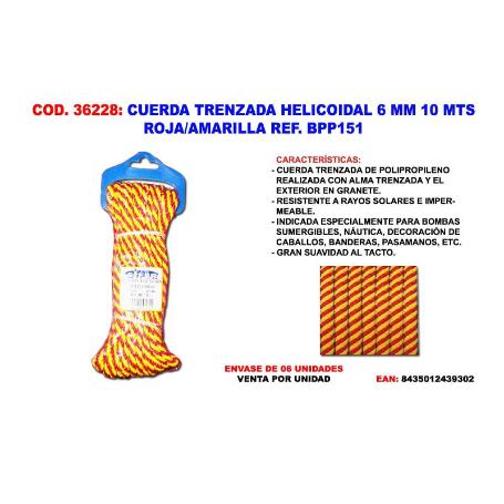 CUERDA TRENZADA HELICOIDAL 6 MM 10 MTS ROJA-AMARILLA BPP151 (CAJA 6 UNIDADES)