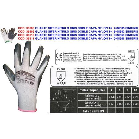 GUANTE SIFER NITRILO GRIS DOBLE CAPA NYLON T-S 7 SINIGRIS IRIS (CAJA 12 UNIDADES)