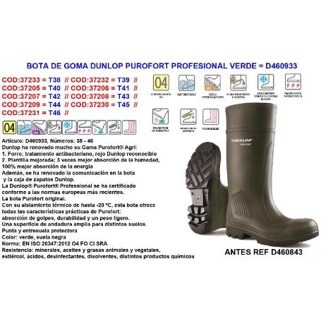 DUNLOP BOTA AGUA GOMA  PROFESIONA -20ºC PUROFORT Nº40 460843-933