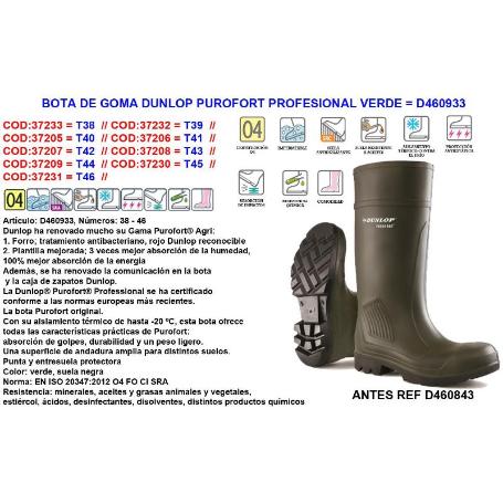 DUNLOP BOTA AGUA GOMA  PROFESIONA -20ºC PUROFORT Nº38 460843-933