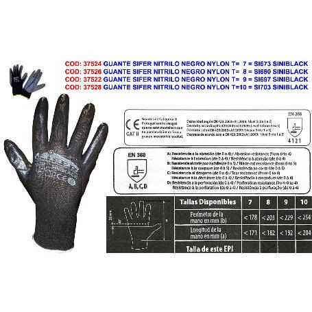 GUANTE SIFER NITRILO NEGRO NYLON T   9 SI697 SINIBLACK-TITAN (CAJA 12 UNIDADES)