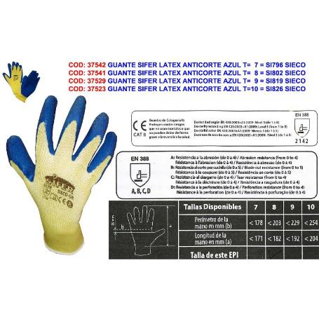 GUANTE SIFER LATEX RUGOSO-ALGODON ANTICORTE AZUL T-10 GOLIASI826 (CAJA 12 UNIDADES)