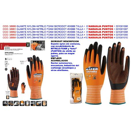 GUANTE SIFER NYLON+NITRILO PUNTOS SICRODOT T-6 NARANJA HEFESTO