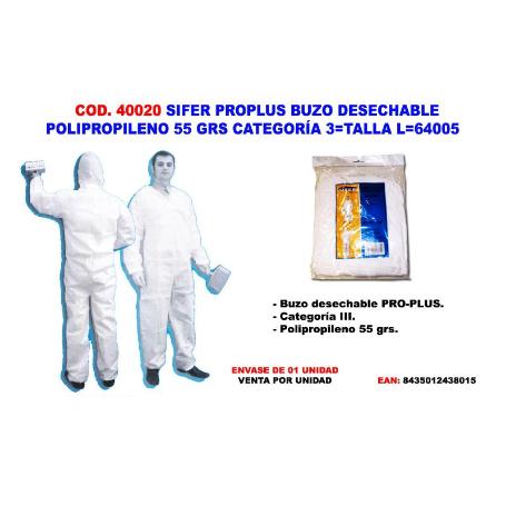 SIFER TRAJE BUZO DESECHABLE POLIP.55GR CATEGORIA 3 TALLA L