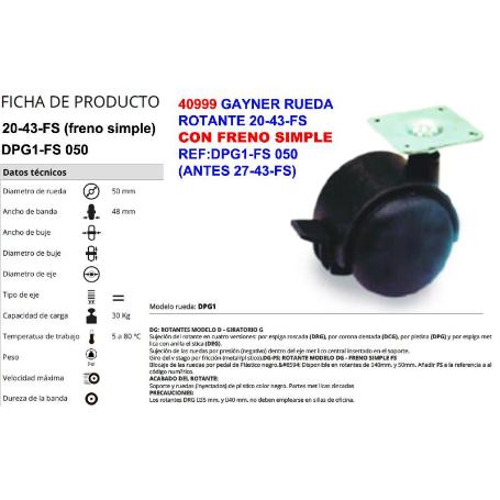 GAYNER RUEDA 20-43FS REF DPG1 050-FS CON FRENO (ANTES 27-43FS)