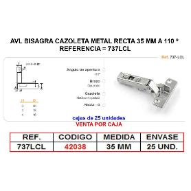 AVL BISAGRA CAZOLETA METAL RECTA 35 MM A 110 º CLIP ON  737LCL (CAJA 25 UNIDADES)