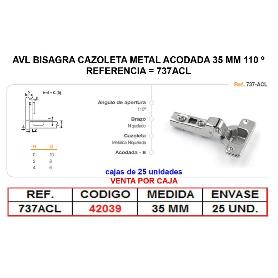 AVL BISAGRA CAZOLETA METAL ACODADA 35 MM A 110 º CLIP ON  737ACL (CAJA 25 UNIDADES)