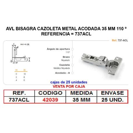 AVL BISAGRA CAZOLETA METAL ACODADA 35 MM A 110 º CLIP ON  737ACL (CAJA 25 UNIDADES)