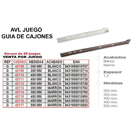 AVL GUIA CAJONES 300 MM BLANCA   JUEGO REF-G