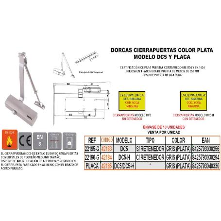 DORCAS PLACA PARA CIERRAPUERTAS DC5 Y DC5-H GRIS