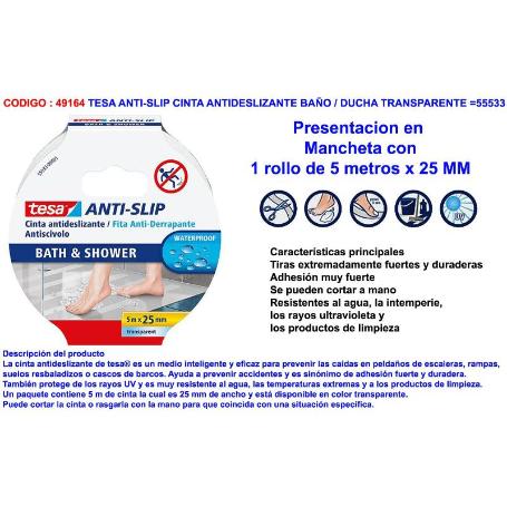 TESA ANTI-SLIP CINTA ANTIDESLIZANTE BAÑO 5MTX25 MM TRANP 55533