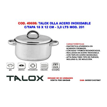 TALOX OLLA ACERO INOX 18-8 C-TAPA 18 X 12 CM - 3,0 LTS MOD. 201