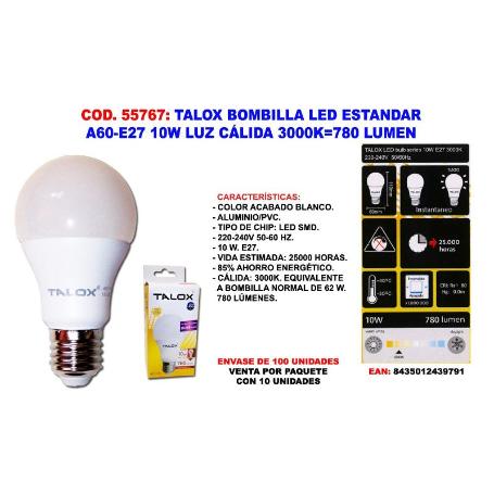 TALOX BOMBILLA LED ESTANDAR A60-E27 10W L.CALIDA 3000K 780 LUMEN (CAJA 10 UNIDADES)