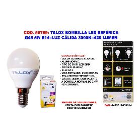 TALOX BOMBILLA LED ESFERICA G45 5W E14 L.CALIDA 3000K 420 LUMEN (CAJA 10 UNIDADES)