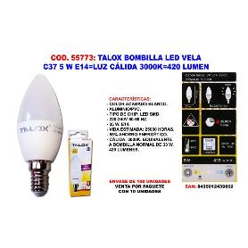 TALOX BOMBILLA LED VELA C37 5W E14 L.CALIDA 3000K 420 LUMEN (CAJA 10 UNIDADES)