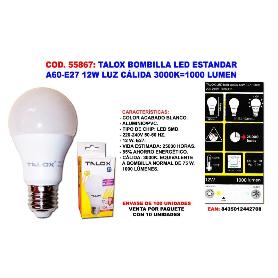 TALOX BOMBILLA LED ESTAND A60-E27 12W L.CALIDA 3000K 1000 LUMEN (CAJA 10 UNIDADES)