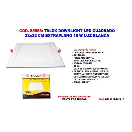 TALOX DOWNLIGHT LED CUADRADO 22 X 22 EXTRAPLANO 18 W LUZ BLANCA