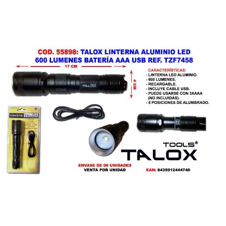 TALOX LINTERNA RECARGABLE ALU LED 600 LUMEN BAT AAA USB TZF7458