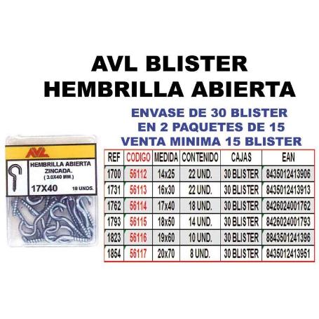 AVL BLISTER HEMBRILLA ABIERTA 19X60 ZINCADA  1823 (CAJA 15 UNIDADES)