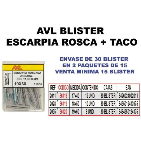 AVL BLISTER ESCARPIA ROSCA ZINCADA + TACO 19X60 2035 (CAJA 15 UNIDADES)