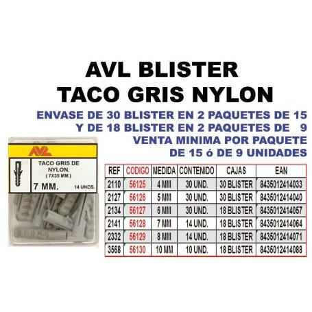 AVL BLISTER TACO GRIS NYLON   8 MM     2332 (CAJA 9 UNIDADES)