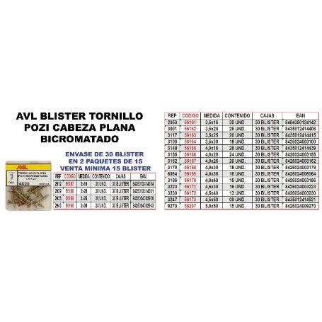 AVL BLISTER TORNILLO POZI C-PLANA 3,5X16 BICROMATADO 2950 (CAJA 15 UNIDADES)