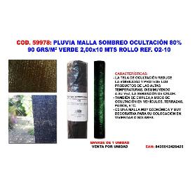 PLUVIA MALLA SOMBREO-OCULTACION  90G-M2 VERDE 2,00X10 MT ROLL