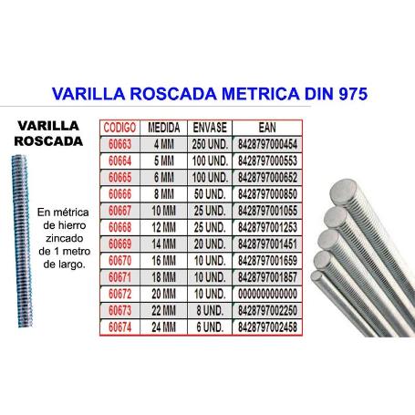 VARILLA ROSCADA METRICA   6 MM DIN 975 CALIDAD 5.6