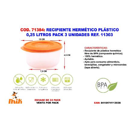 RECIPIENTE HERMETICO PLASTICO 0,25 LITROS PACK 3 UNIDADES  11303