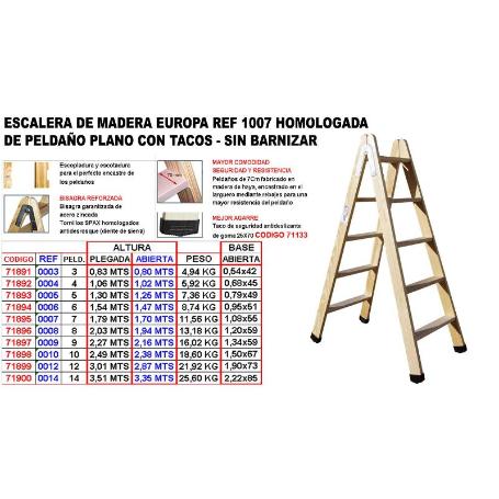 ESCALERA MADERA 1007 HOMOLOGAD.PELD.PLANO   3 P 0,80M+TACOS 7928