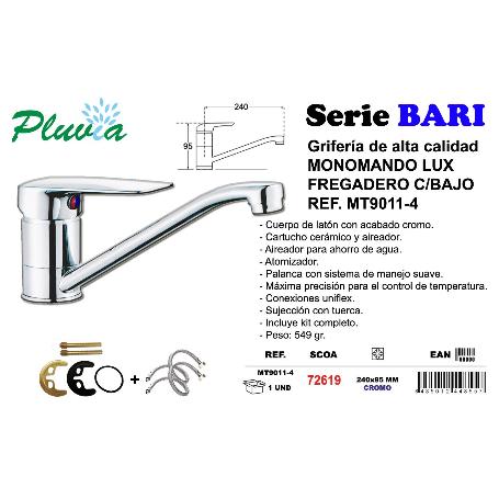 PLUVIA BARI GRIFO MONOMANDO LUX FREGADERO C- BAJO-RECTO MT9011-4