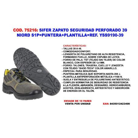 SIFER-SAFETY ZAPATO SEGUR PERFOR.39 NIORD S1P PUNT+PLANT YSS9190