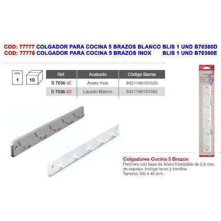 BRINOX COLGADOR PARA COCINA 5 BRAZOS BLANCO BLIST.1 UND B70360D