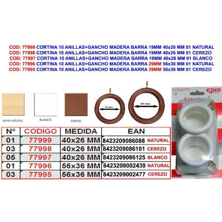 CORTINA 10 ANILLAS+GANCHO MADERA BARRA 19MM 40X26 MM 01 NATURAL