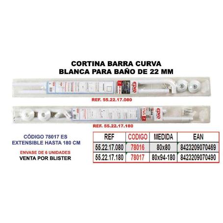 CORTINA BAÑO BARRA CURVA 22 MM BLANCA 80X80 55.22.17.CC.080